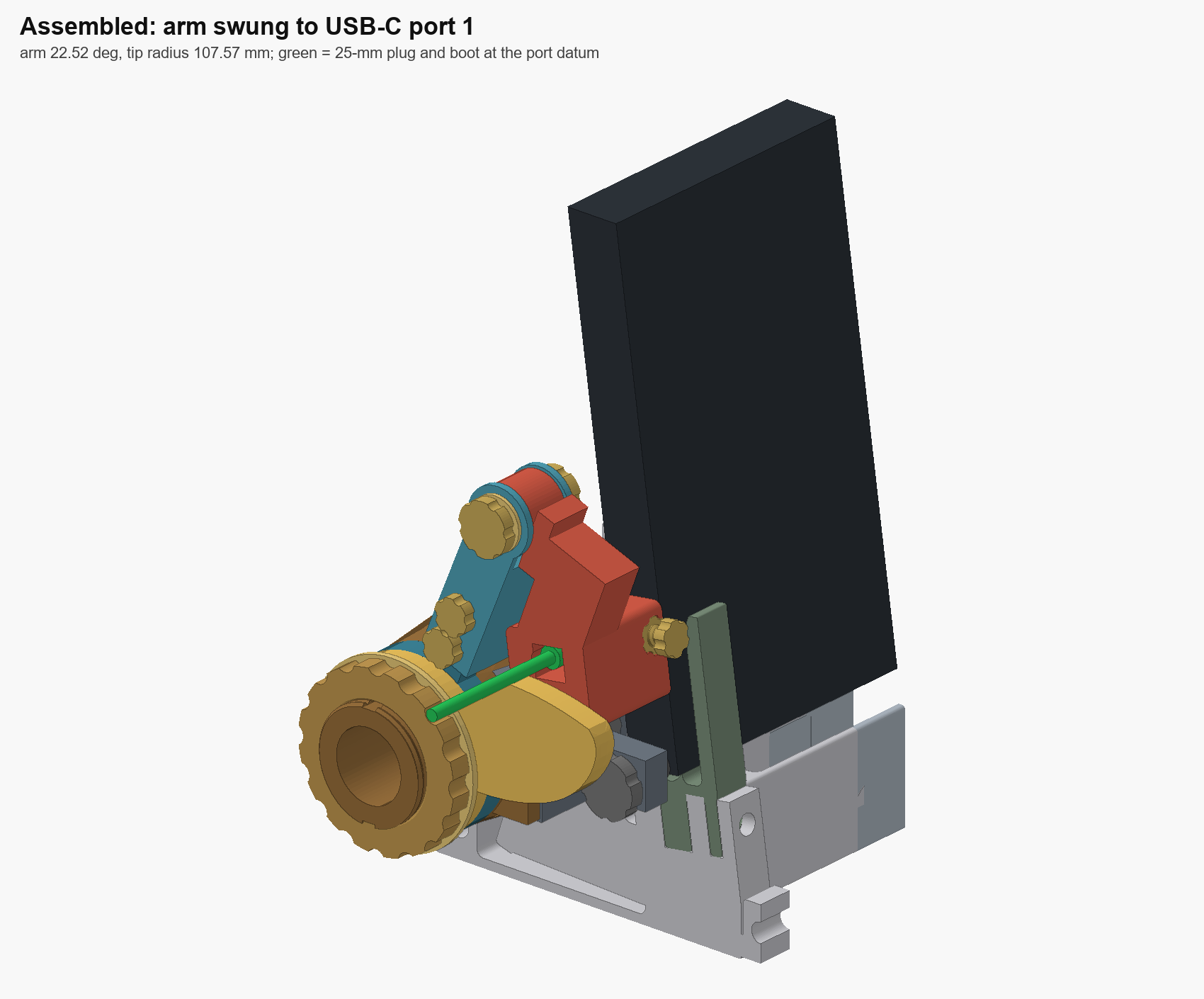 CAD render of the assembled plug positioner swung to USB-C port 1 with the laptop reference body