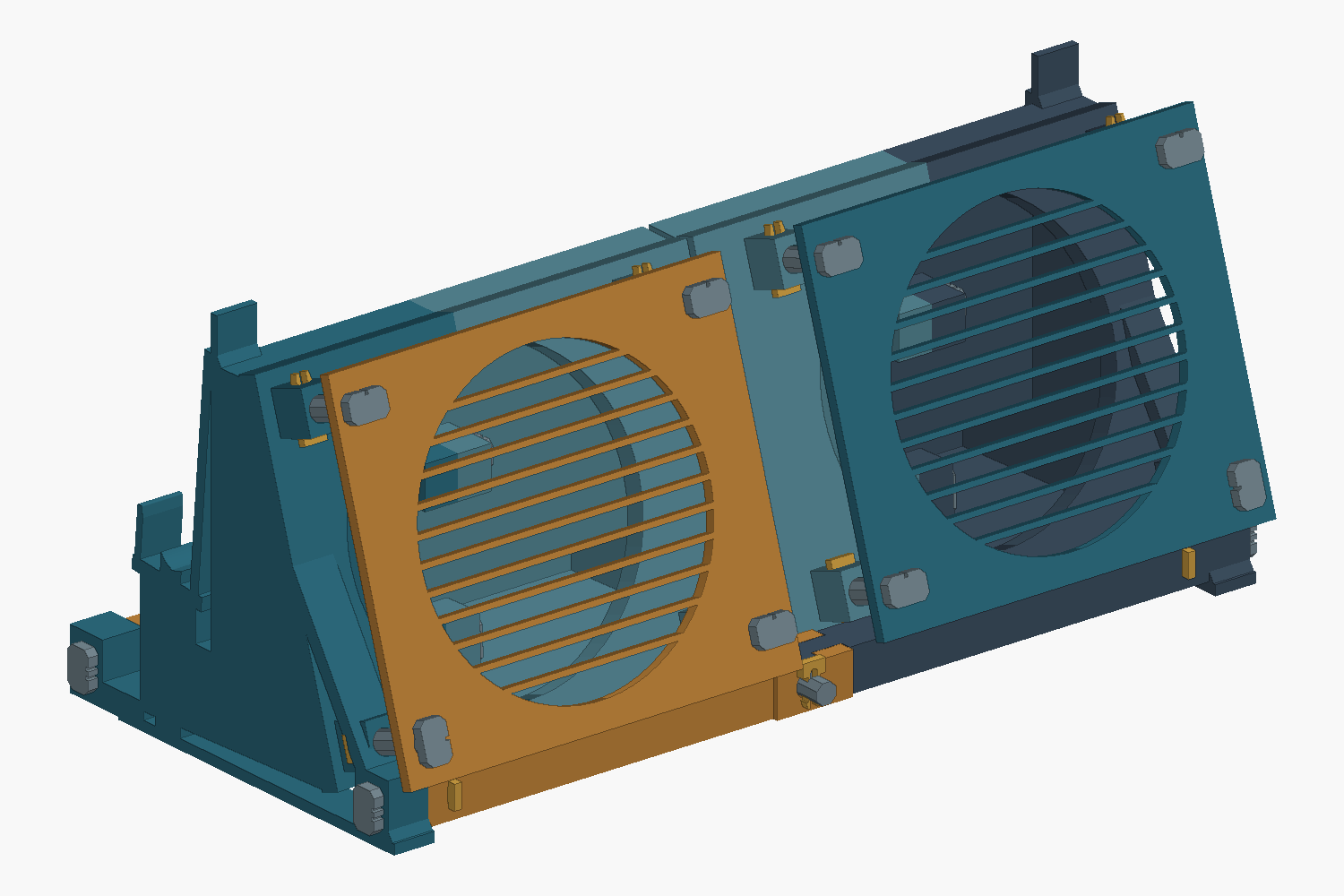 D9 P2 CAD assembly showing paired cradles, split plenums, fan guards and frame ties