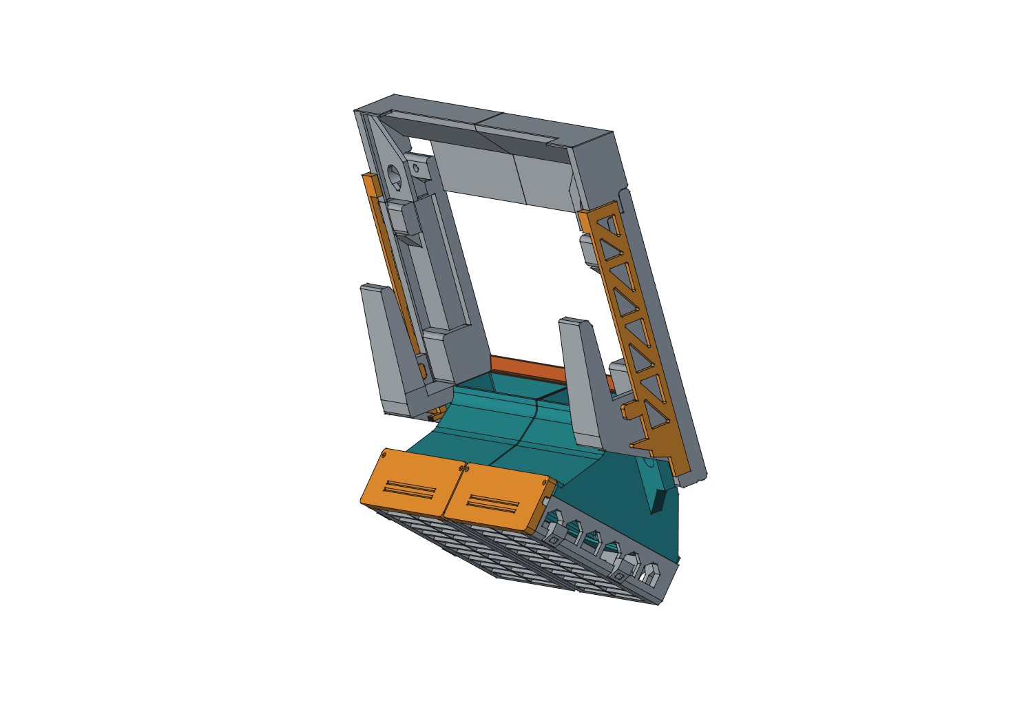 D4 current FreeCAD assembly with grey arms, teal ducts and orange covers and retainers