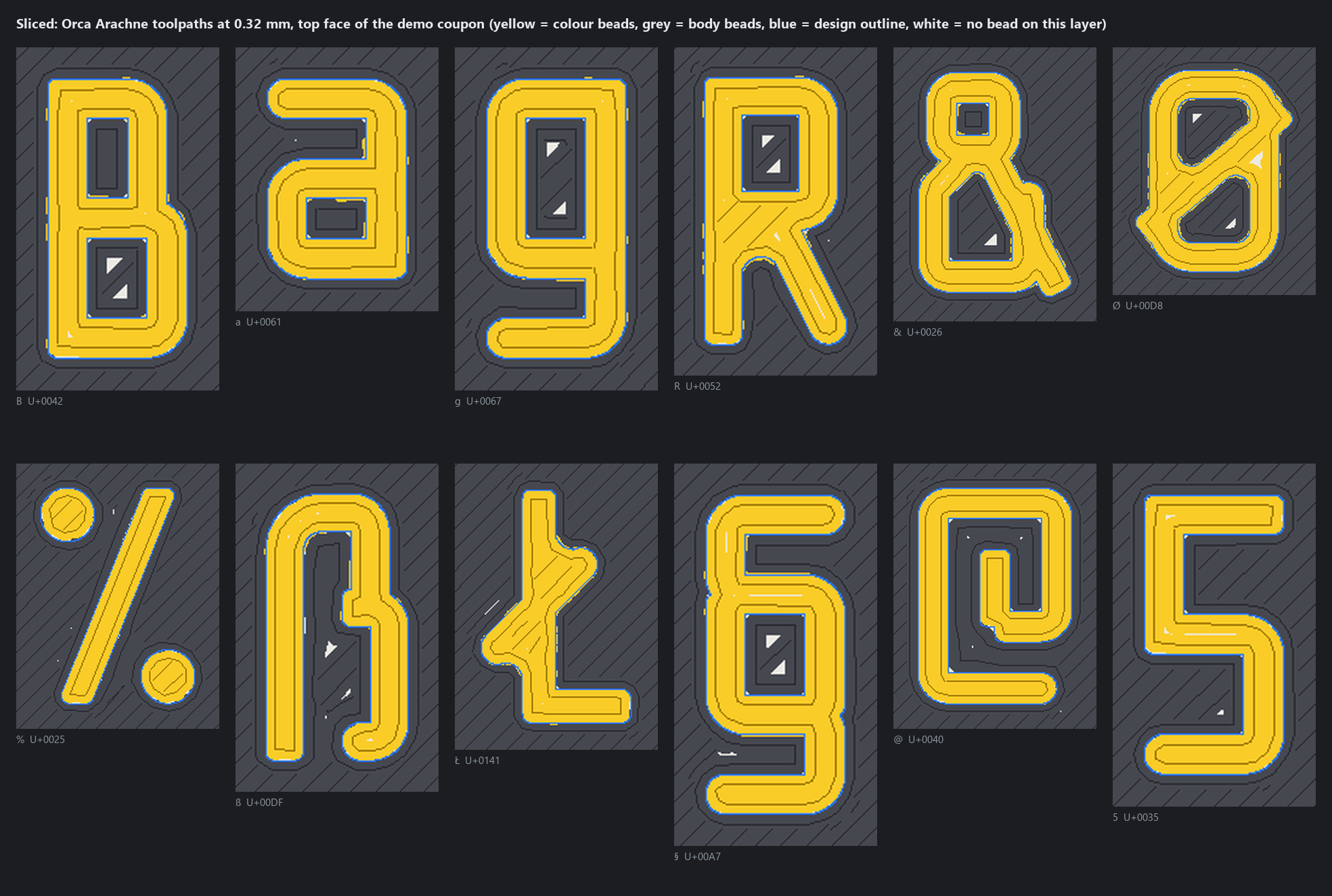 Recorded OrcaSlicer toolpaths for letters and symbols, showing lettering beads and the material in counters.