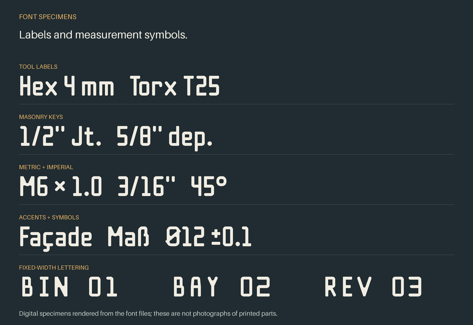 Font specimens showing tool names, masonry measurements, metric and imperial dimensions, accented words, and bin labels.