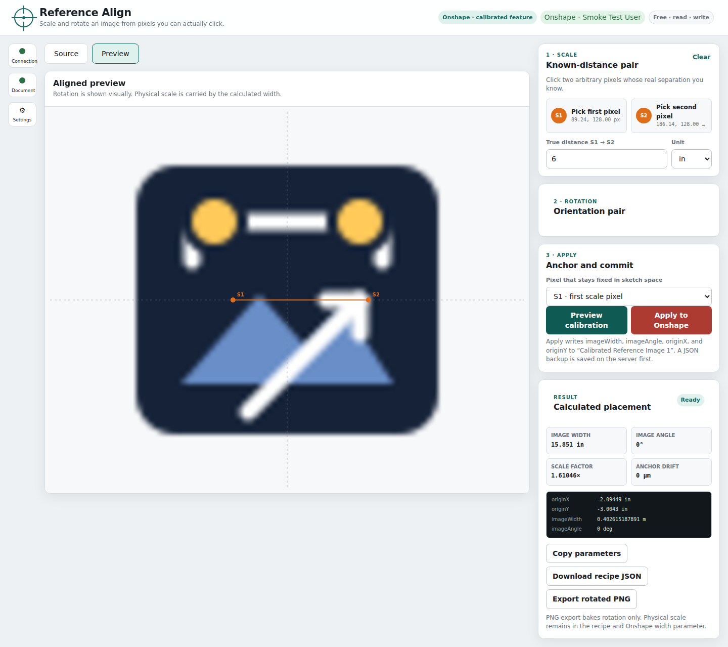 Reference Align showing the aligned image preview, scale controls and calculated placement. Demonstration uses a local test account and sample image.