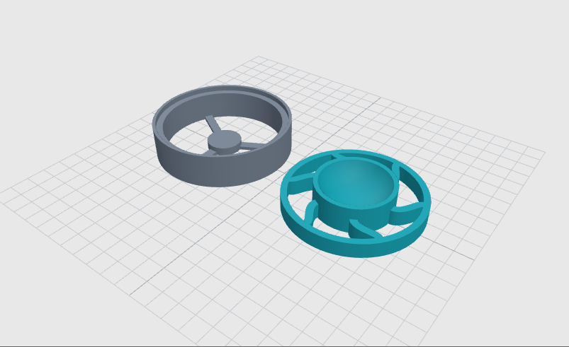 Actual CAD render of the gray base and teal cradle side by side in their flat printing orientations