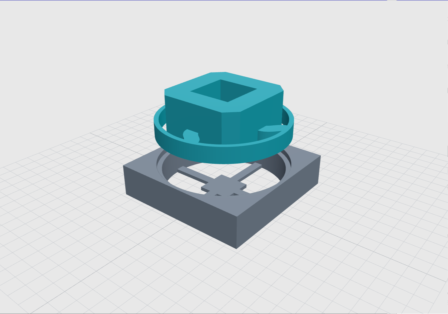 Exploded CAD render of a teal floating TPU pad above its square gray base