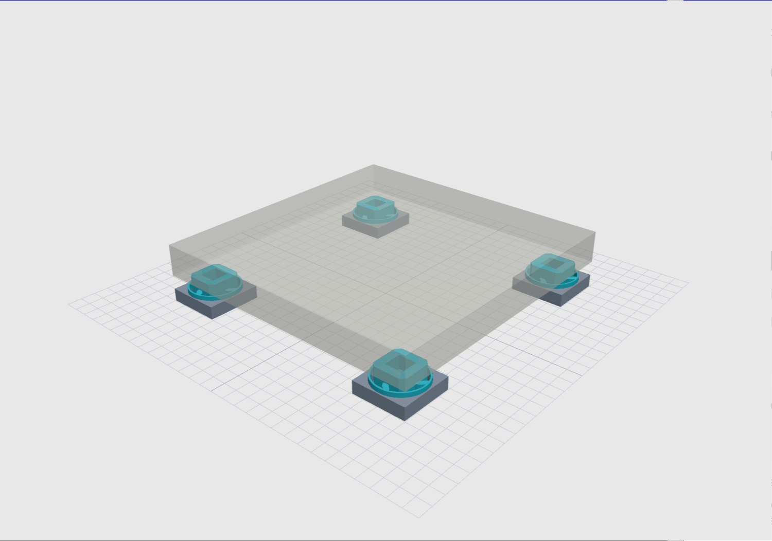 CAD render of four square TPU feet entirely beneath a translucent reference concrete slab