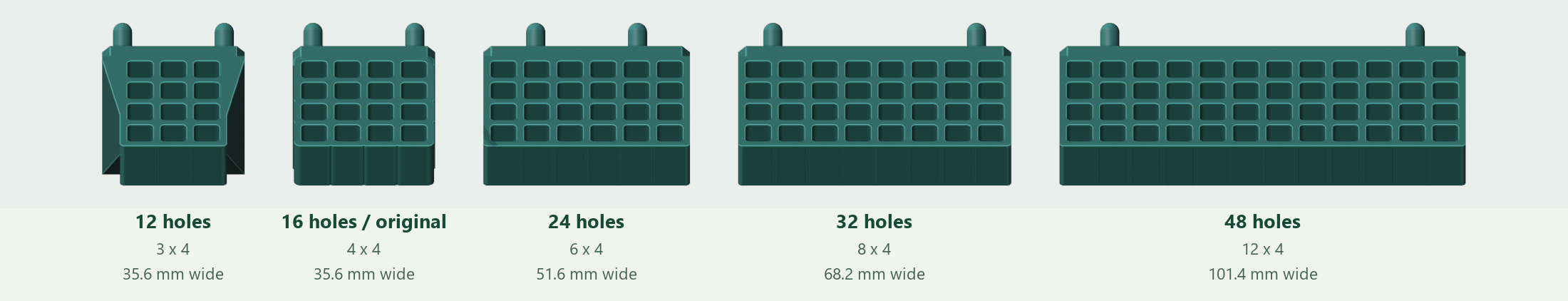 All five P01 sizes at the same scale, labeled with counts and widths