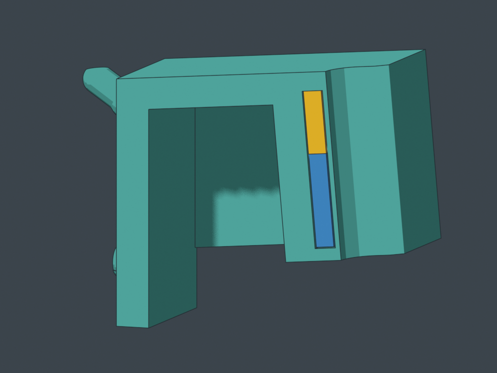 True CAD section: yellow is the 10x10x3 mm magnet; blue is the long plastic plug. Magnet face sits about 1 mm behind the seated shaft.
