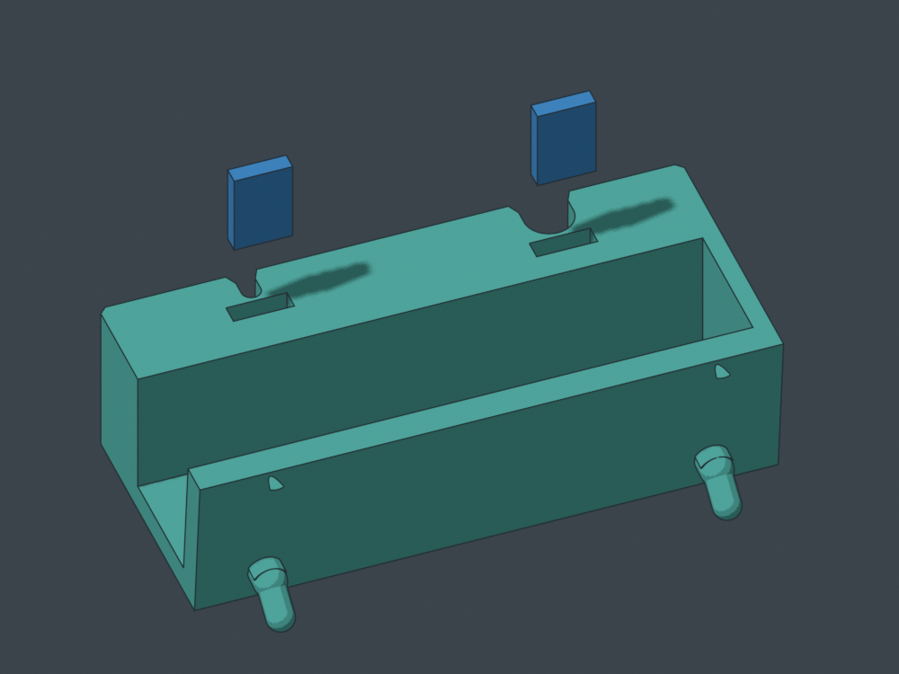 Exploded loading view at geometric height 28 mm: magnet first, plug second, then close the pocket. Slicer pause not yet verified.