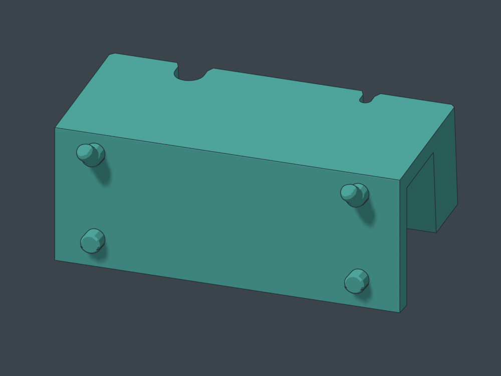 Two mounting columns with current tighter canonical pegs. The receiving back sits flush on the board.