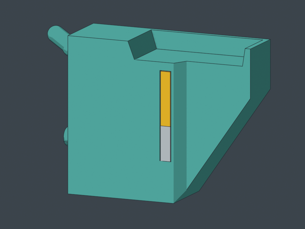 CAD half-section: silver magnet, yellow long plug; the teal cap closes above both