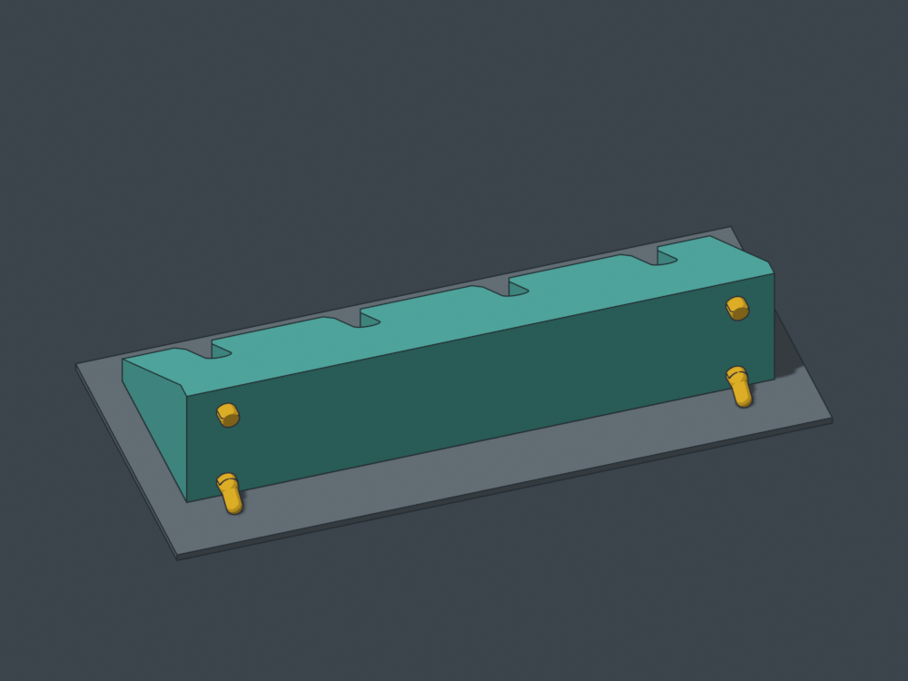 Upside down on the broad top. Yellow: flat-ended hooks and lower locators. Hook flats meet the bed; local supports are still allowed.