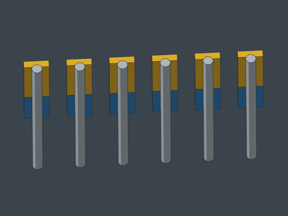 Gold magnets and blue plugs behind each seated shaft