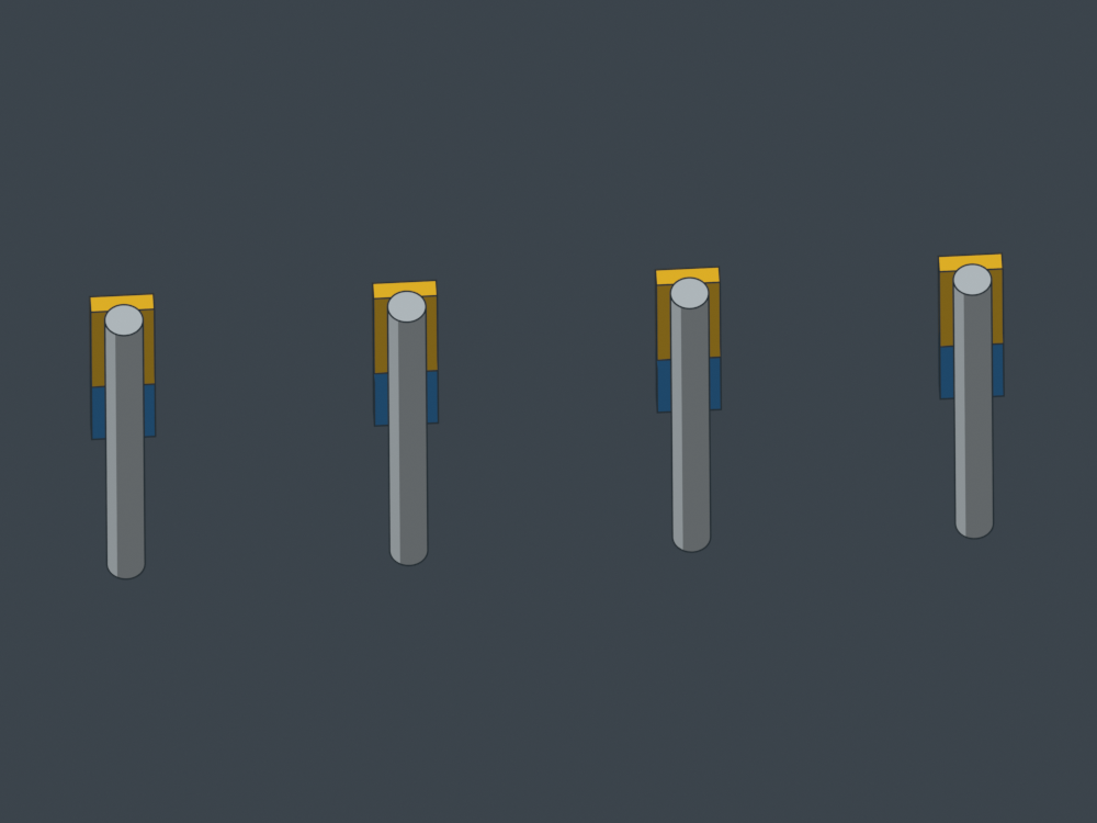 Gold magnets and blue plugs behind each seated shaft