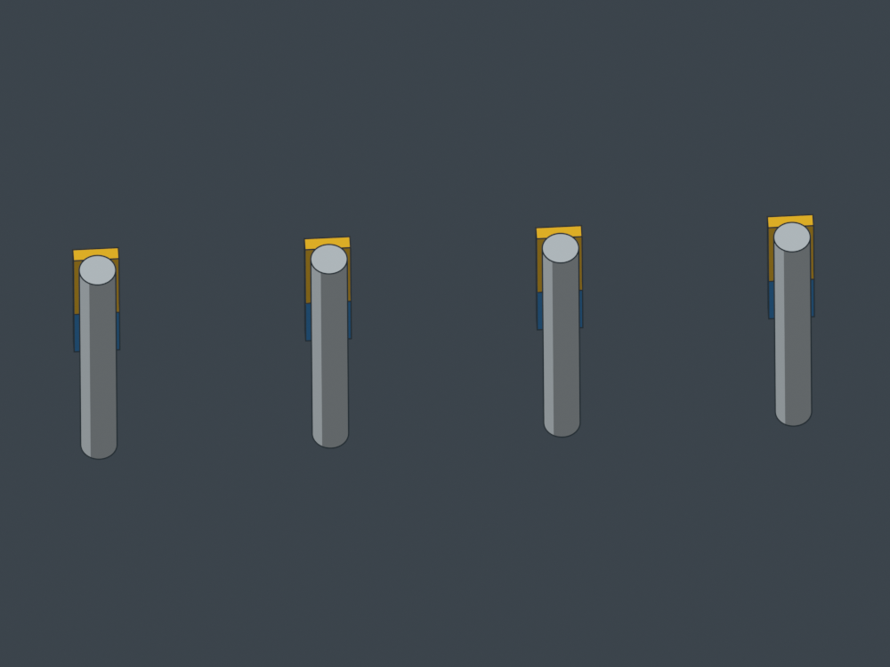 Gold magnets and blue plugs behind each seated shaft