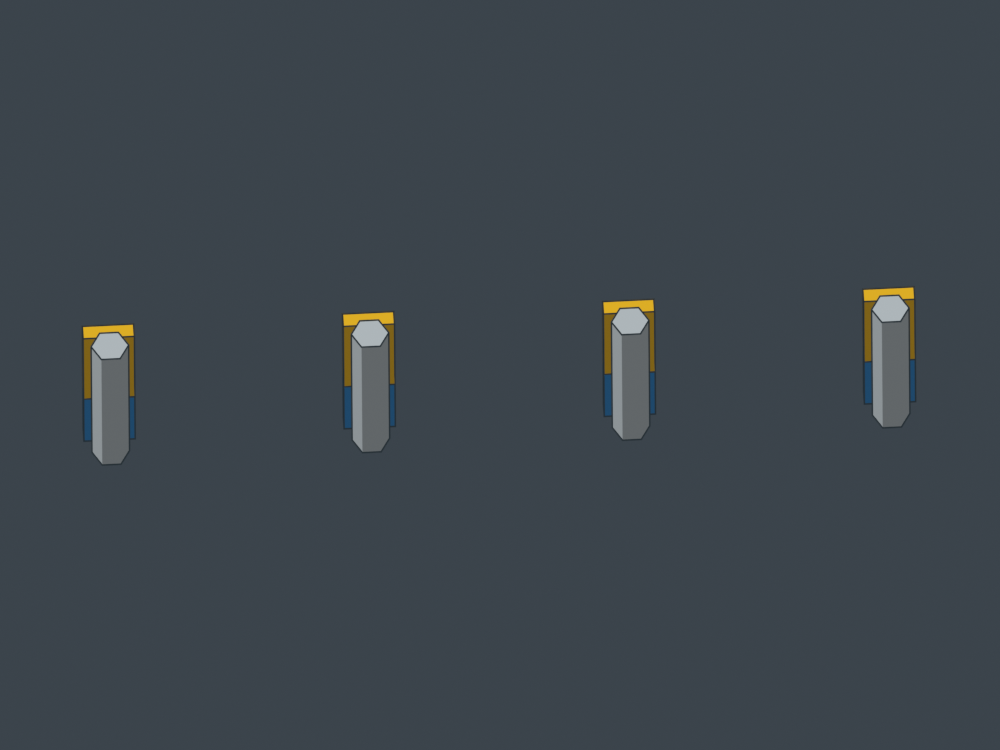 Gold magnets and blue plugs behind each seated shaft