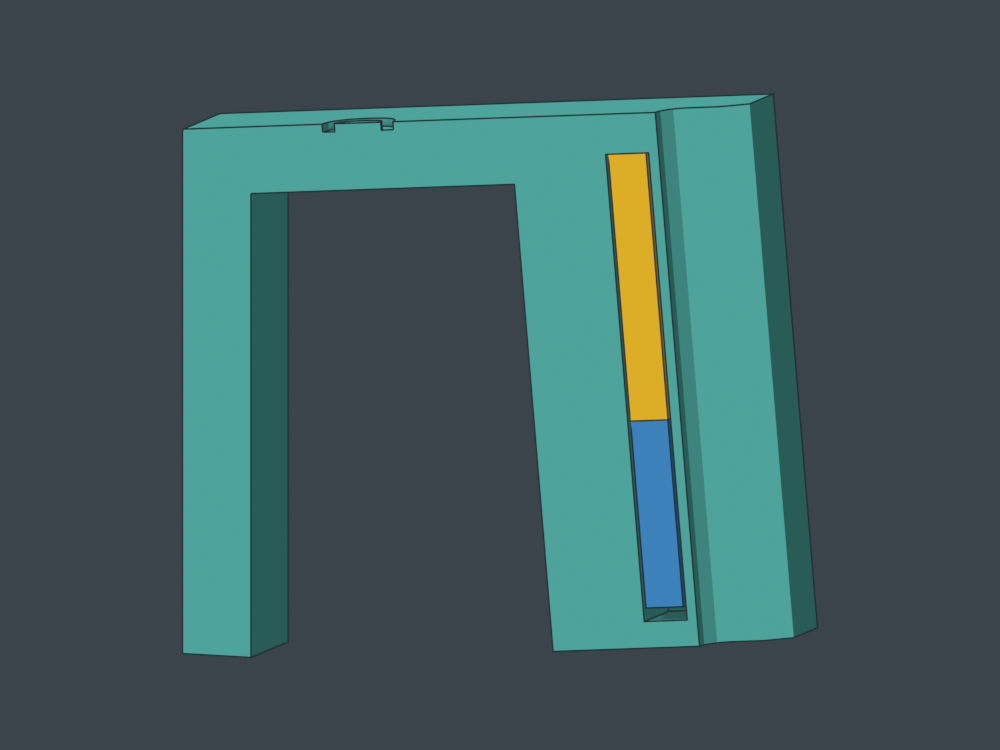 Real CAD section in installed orientation: gold is your 20×10×3 magnet; blue is the long preprinted plug. Turn upside down to load.