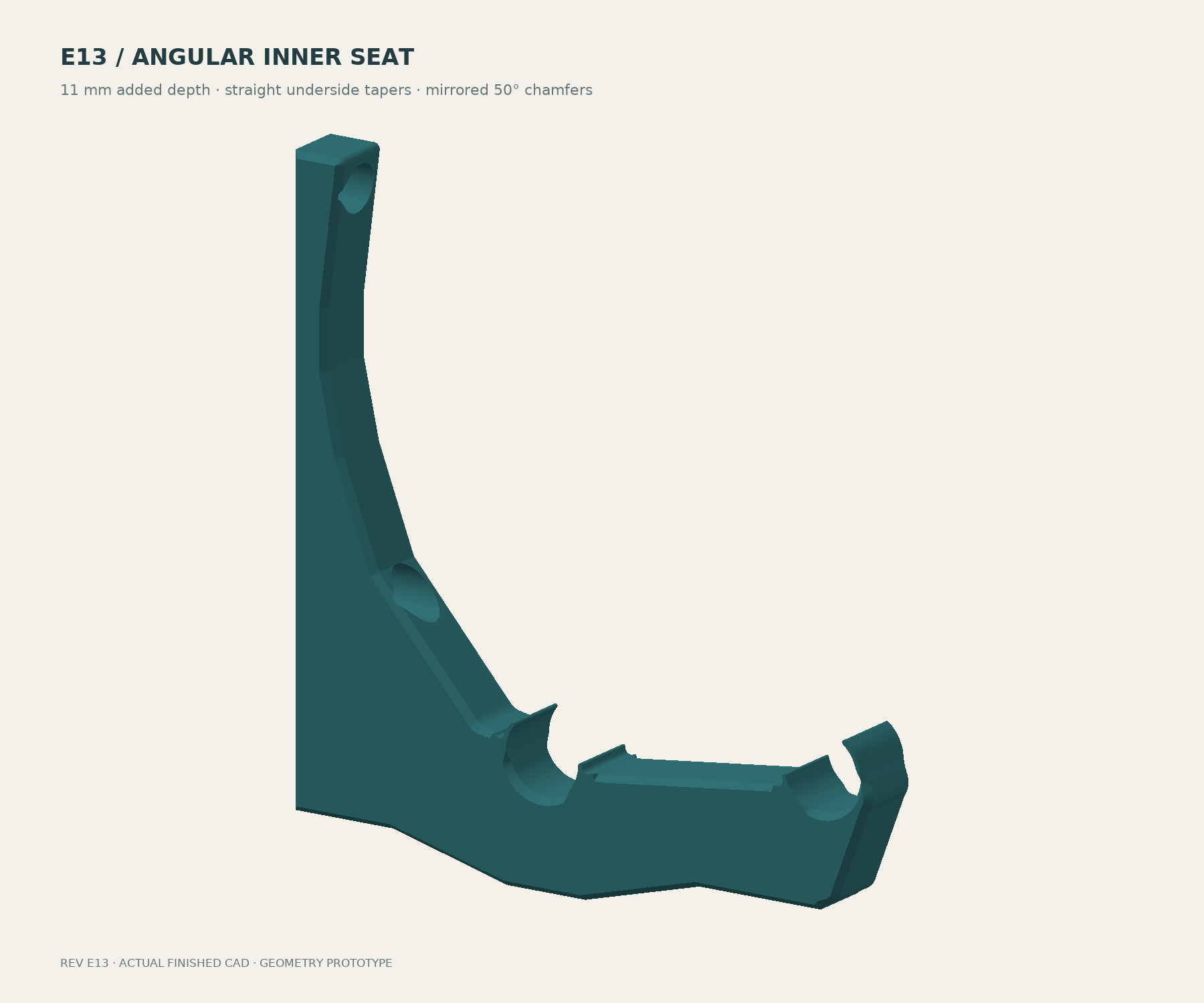 Actual E13 spool rack CAD with two rod seats, retained fingers and angular underside reinforcement